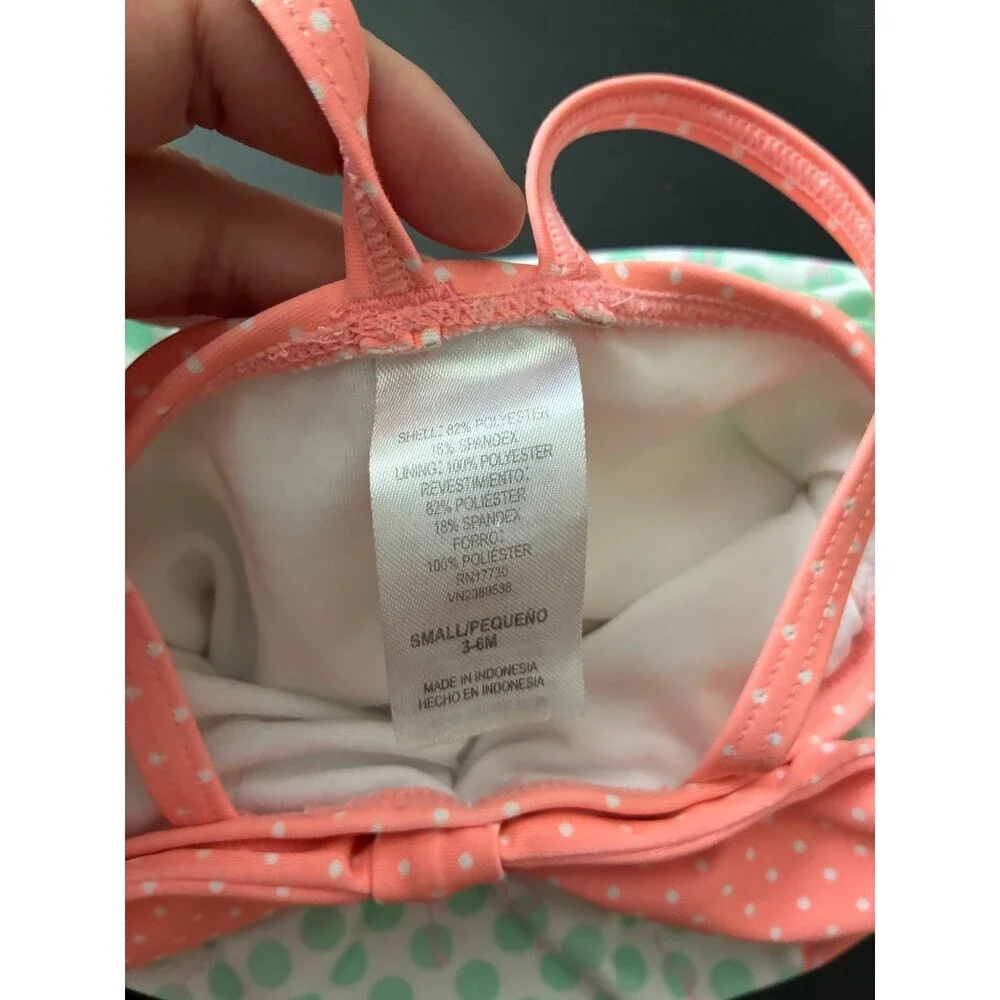 Baby Girl's Flamingo Polka Dot One-Piece Swimsuit 3-6 Months Peach Green Bow